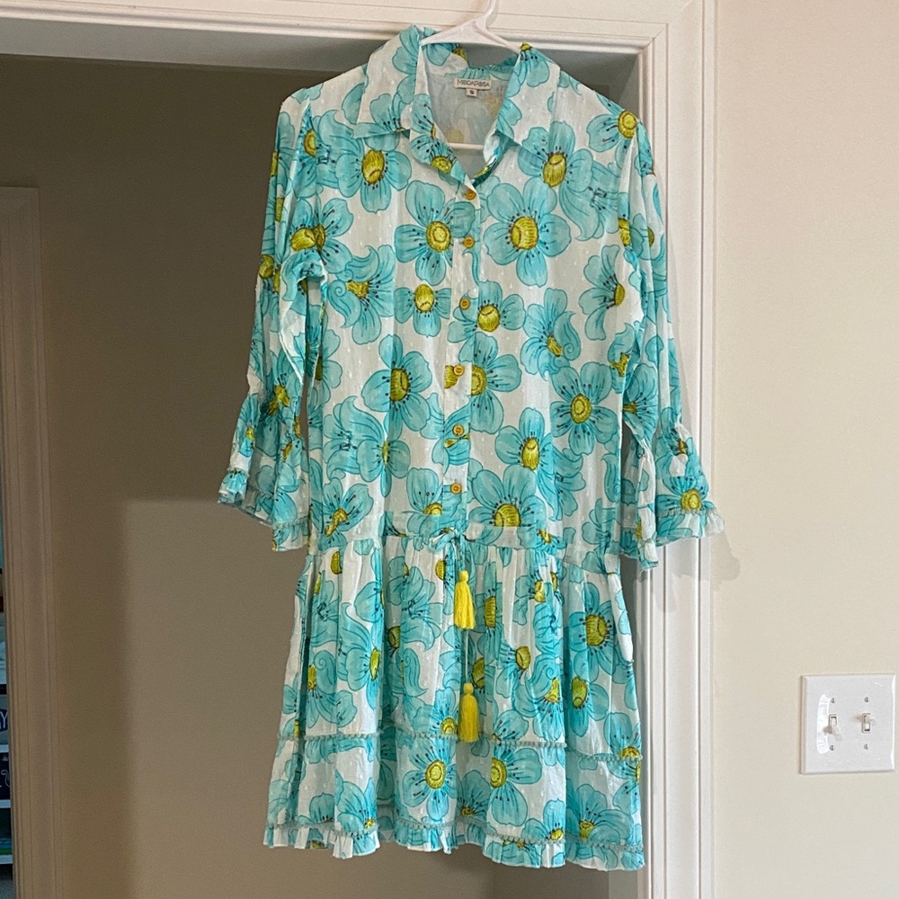 Vibrant Moda Posa Teal & Yellow Floral Button-Up Drop Waist Dress / Sz Small